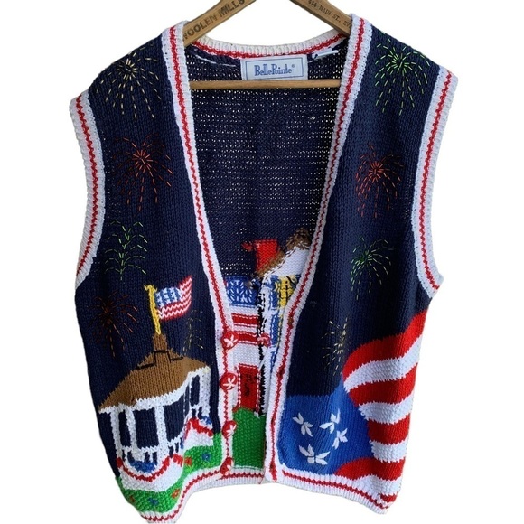 Vintage Belle Pointe Flag Fireworks Cardigan Sweater Vest Medium - Picture 1 of 7